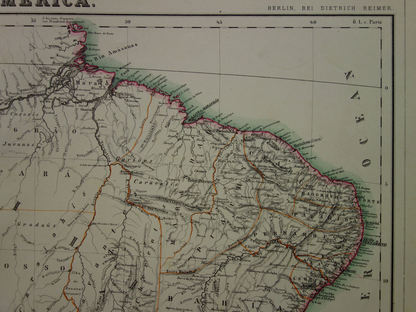 Oude kaart van Brazilië uit 1874 Originele antieke handgekleurde landkaart met jaartal