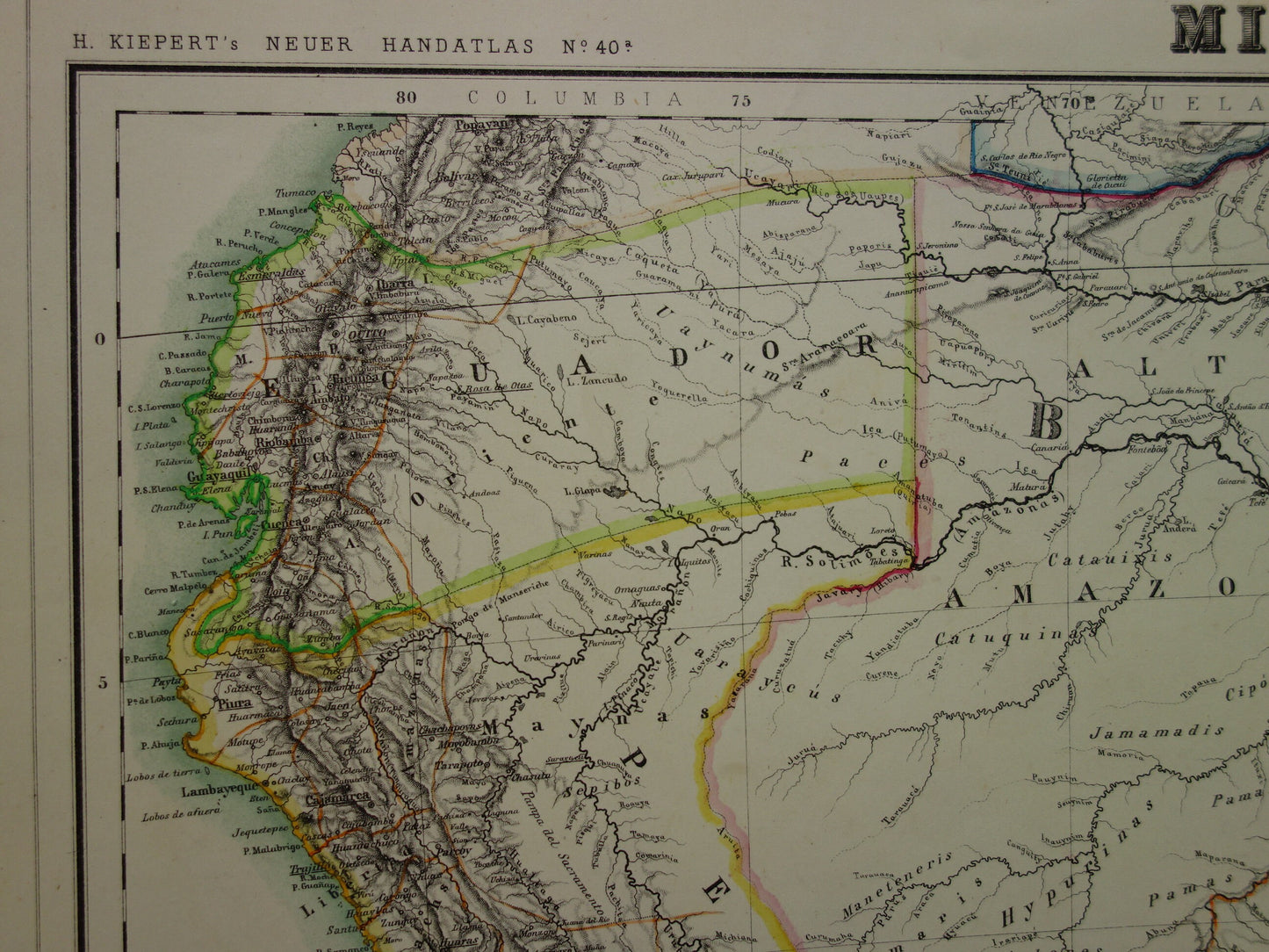 Oude kaart van Brazilië uit 1874 Originele antieke handgekleurde landkaart met jaartal