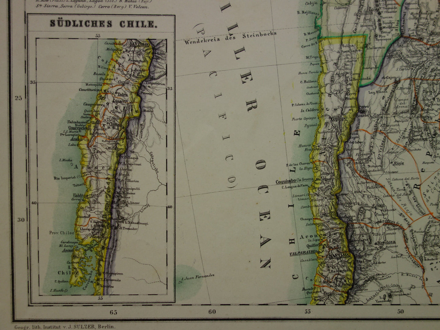 Oude kaart van Brazilië uit 1874 Originele antieke handgekleurde landkaart met jaartal