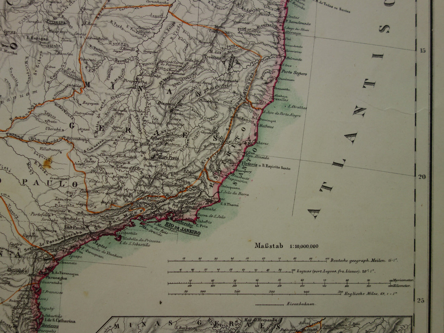 Oude kaart van Brazilië uit 1874 Originele antieke handgekleurde landkaart met jaartal