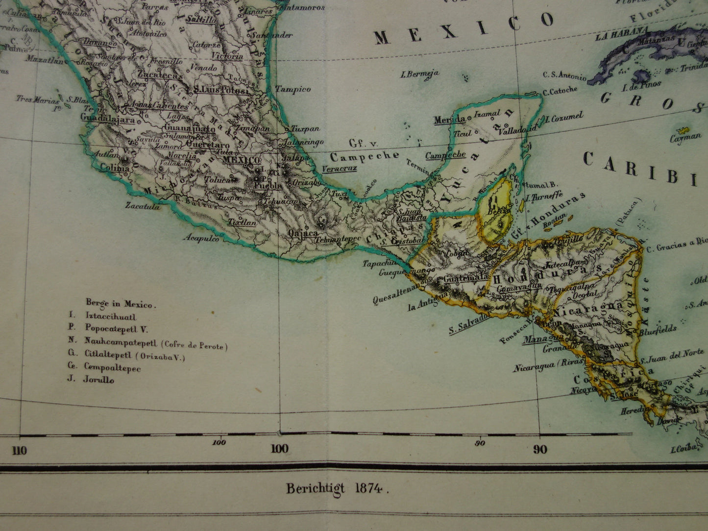 NOORD-AMERIKA Grote oude kaart continent VS Canada Mexico 1874 originele handgekleurde antieke kaart Vintage Duitse landkaart