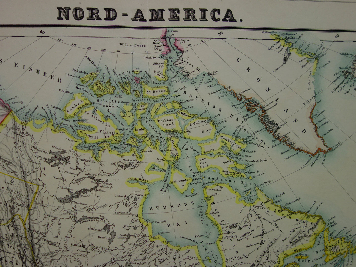 NOORD-AMERIKA Grote oude kaart continent VS Canada Mexico 1874 originele handgekleurde antieke kaart Vintage Duitse landkaart