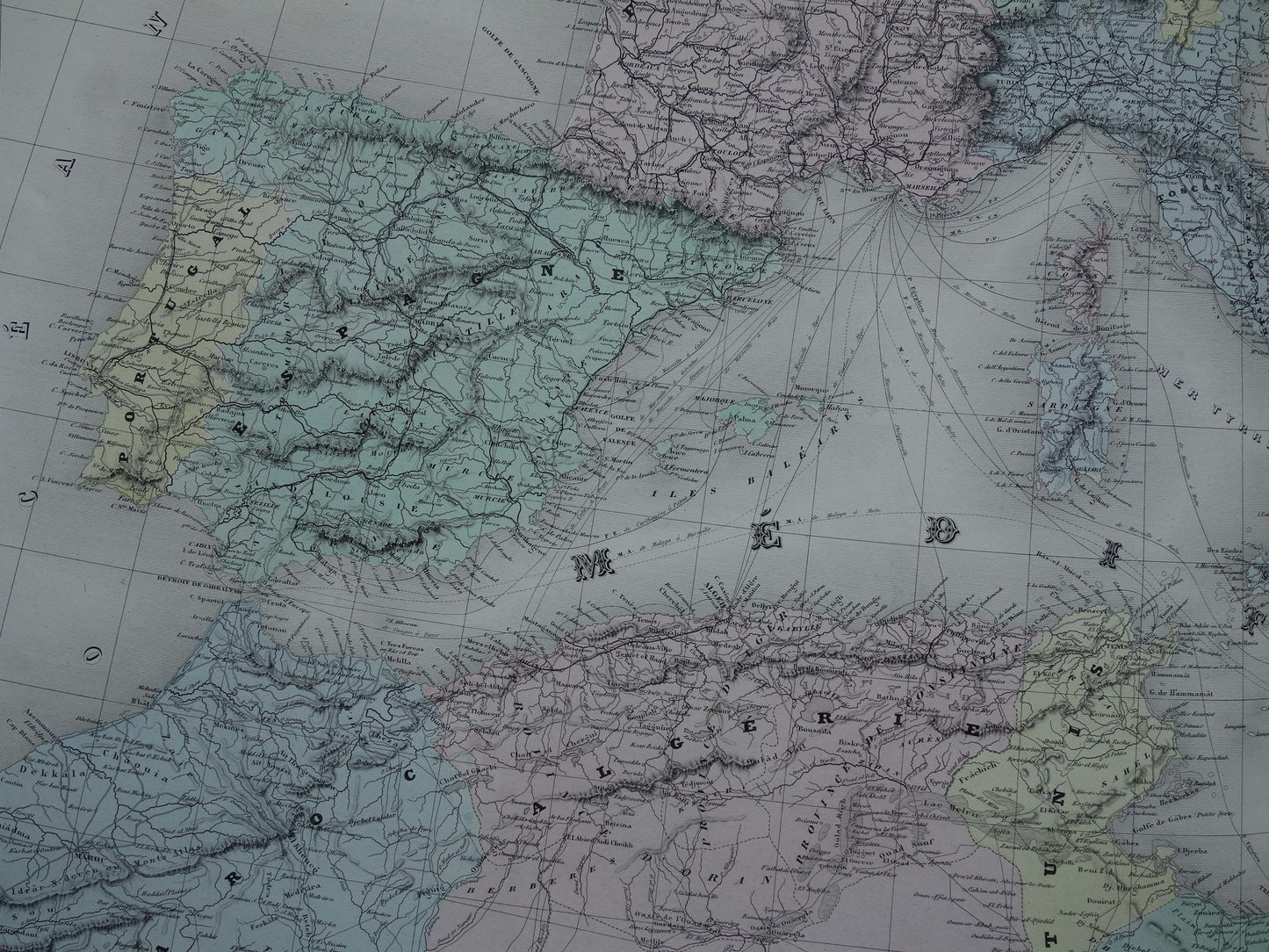 MIDDELLANDSE ZEE Grote oude kaart van Middellandse Zeegebied uit 1880 originele antieke handgekleurde landkaart