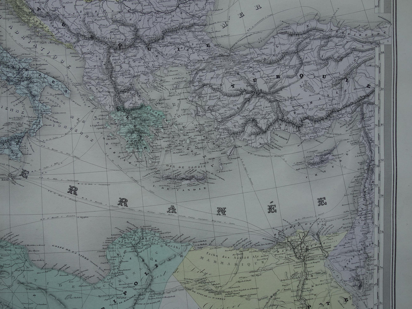 MIDDELLANDSE ZEE Grote oude kaart van Middellandse Zeegebied uit 1880 originele antieke handgekleurde landkaart