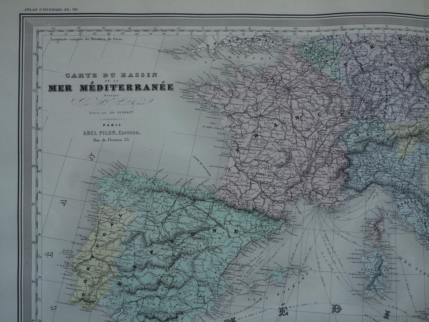 MIDDELLANDSE ZEE Grote oude kaart van Middellandse Zeegebied uit 1880 originele antieke handgekleurde landkaart