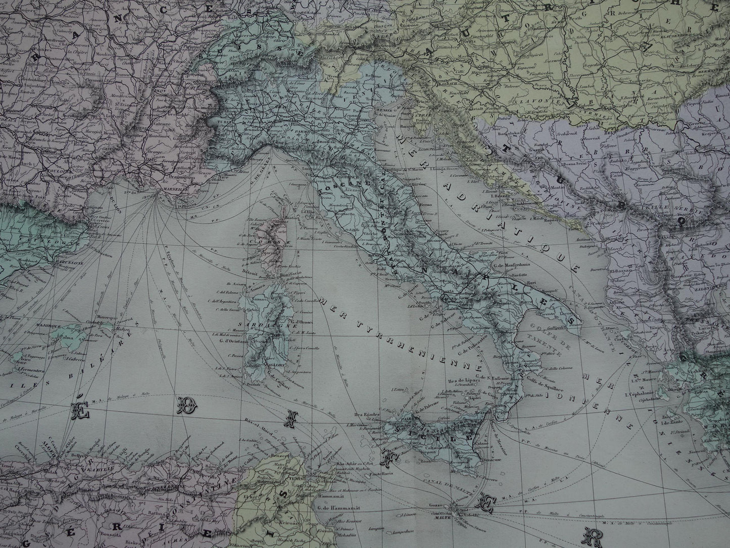 MIDDELLANDSE ZEE Grote oude kaart van Middellandse Zeegebied uit 1880 originele antieke handgekleurde landkaart