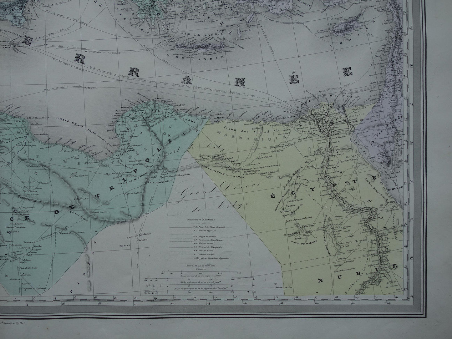 MIDDELLANDSE ZEE Grote oude kaart van Middellandse Zeegebied uit 1880 originele antieke handgekleurde landkaart