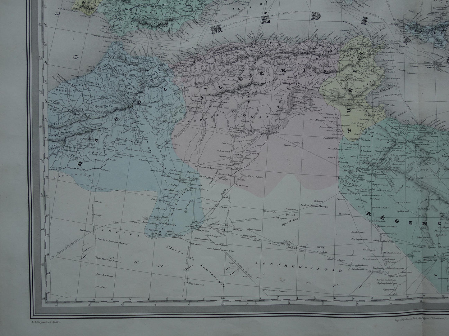 MIDDELLANDSE ZEE Grote oude kaart van Middellandse Zeegebied uit 1880 originele antieke handgekleurde landkaart
