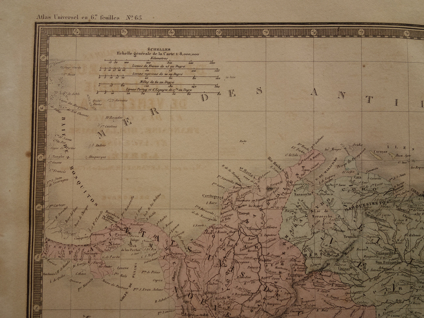 Alte Karte von Kolumbien, Venezuela und Suriname aus dem Jahr 1876. Große originale antike Karte von Ecuador, dem Amazonas und Brasilien.