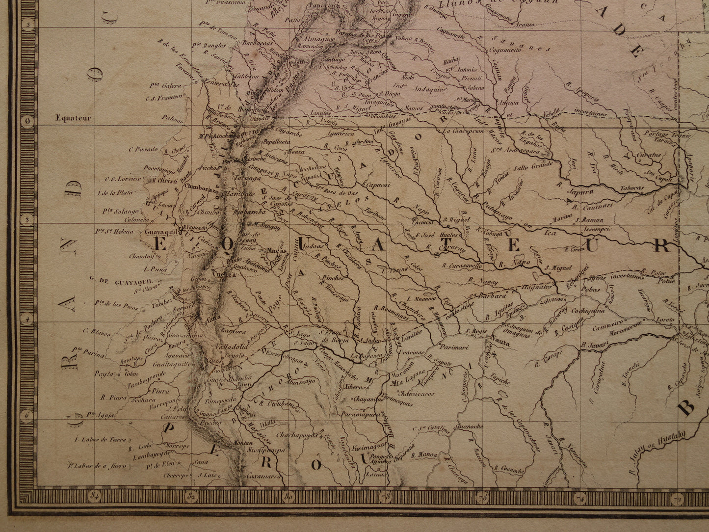 Alte Karte von Kolumbien, Venezuela und Suriname aus dem Jahr 1876. Große originale antike Karte von Ecuador, dem Amazonas und Brasilien.