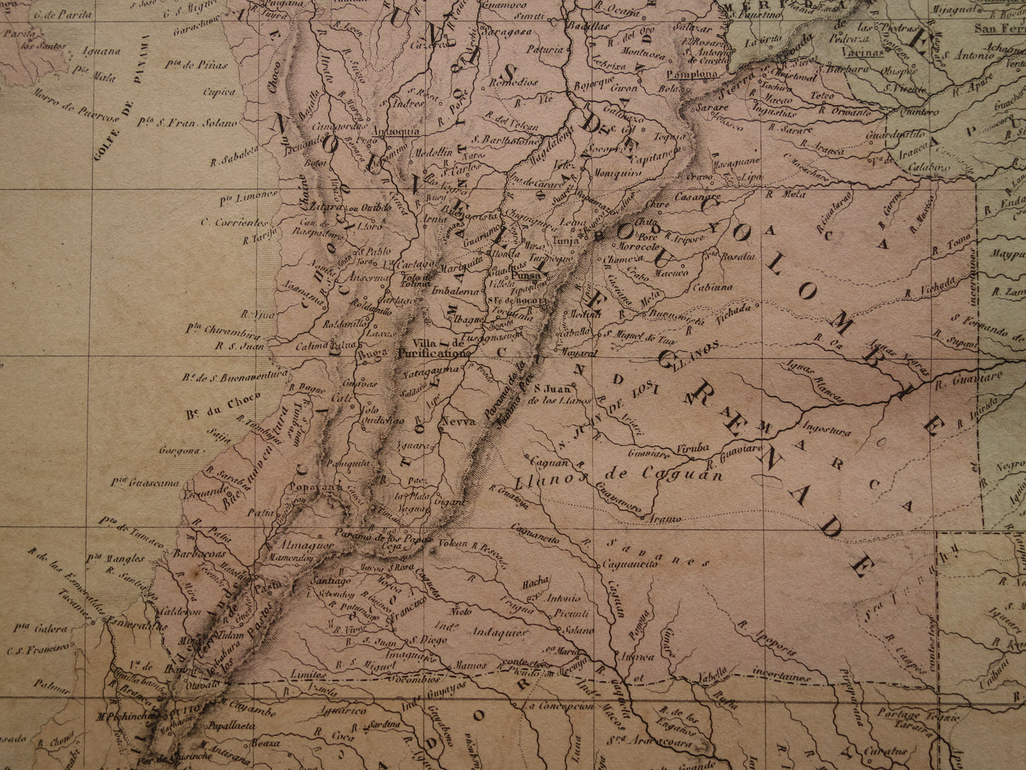 Alte Karte von Kolumbien, Venezuela und Suriname aus dem Jahr 1876. Große originale antike Karte von Ecuador, dem Amazonas und Brasilien.