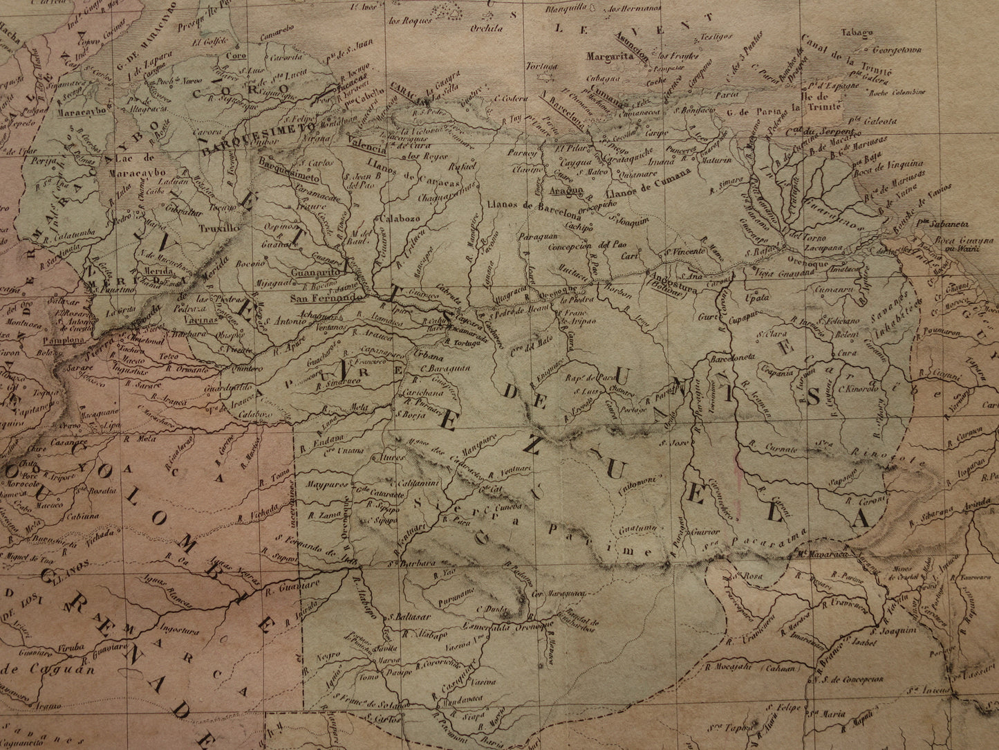 Alte Karte von Kolumbien, Venezuela und Suriname aus dem Jahr 1876. Große originale antike Karte von Ecuador, dem Amazonas und Brasilien.