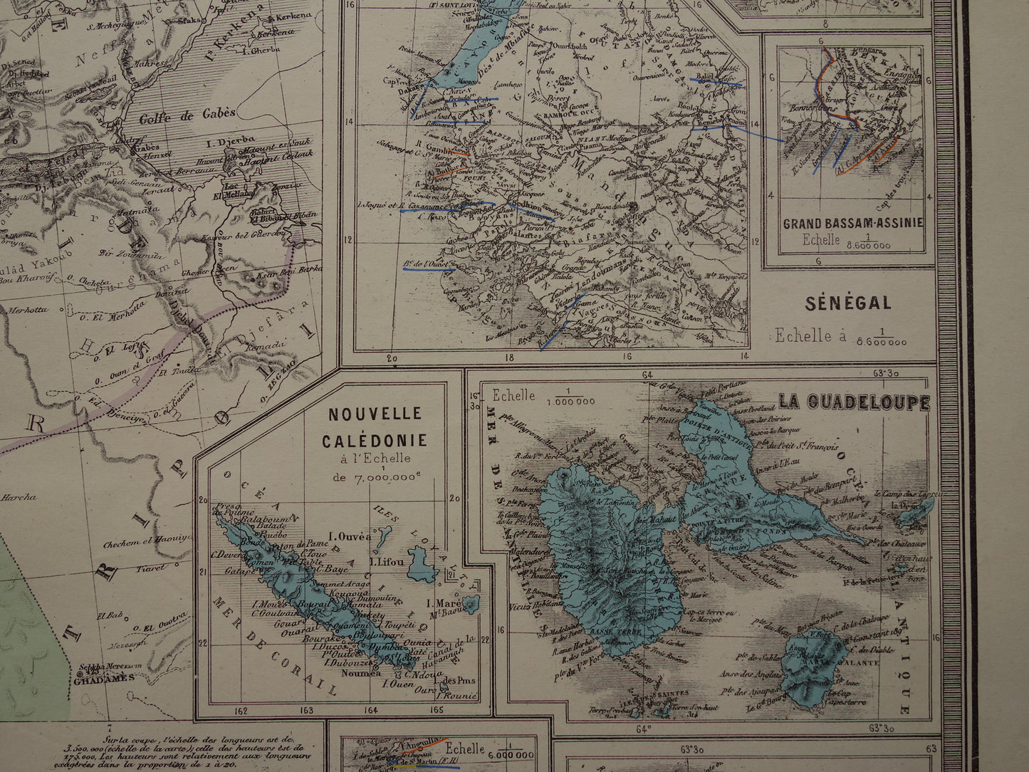 ALGERIJE oude kaart van Algerije en alle Franse Koloniën uit 1876 Antieke grote landkaart poster Frankrijk