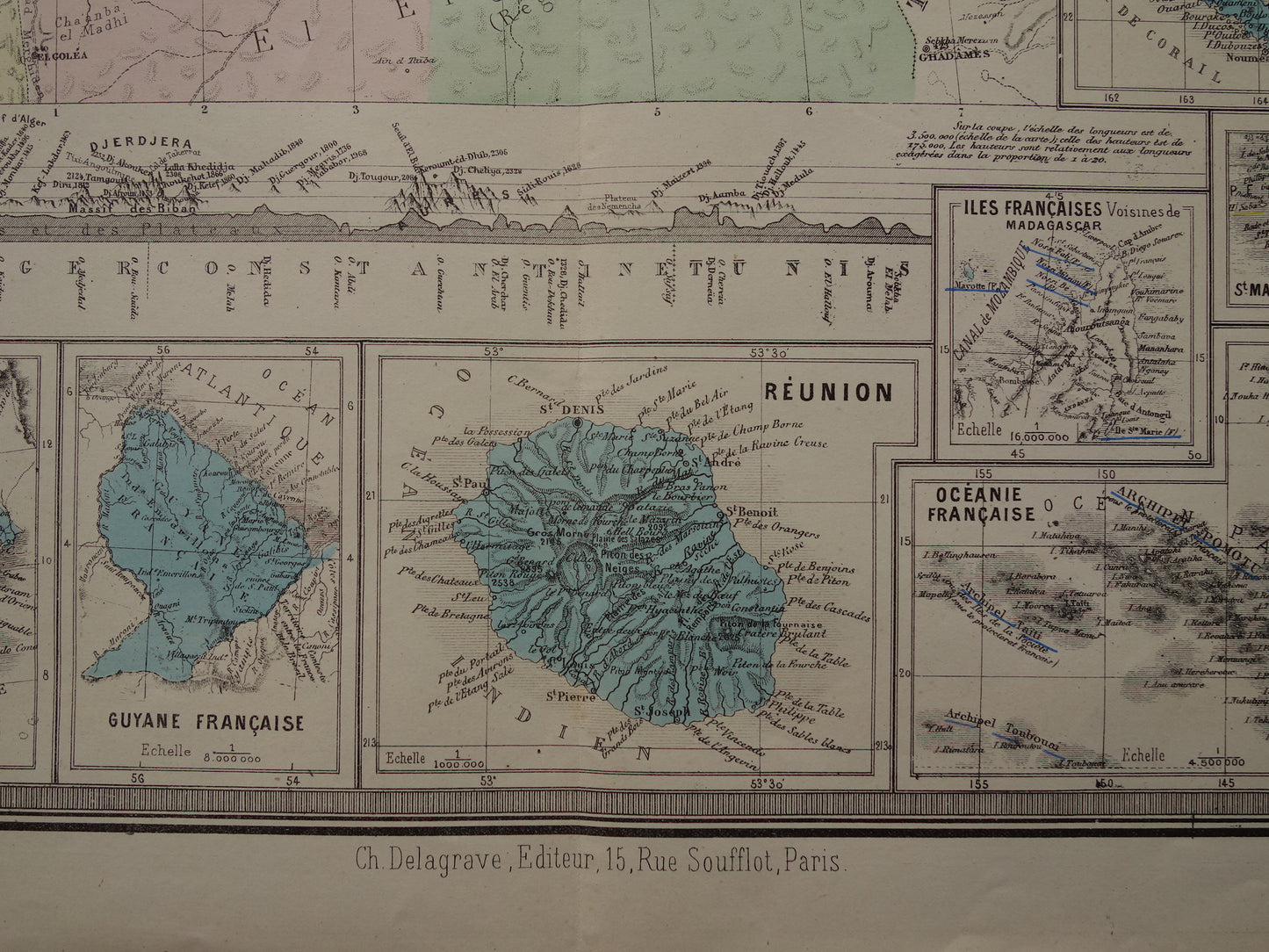 ALGERIJE oude kaart van Algerije en alle Franse Koloniën uit 1876 Antieke grote landkaart poster Frankrijk