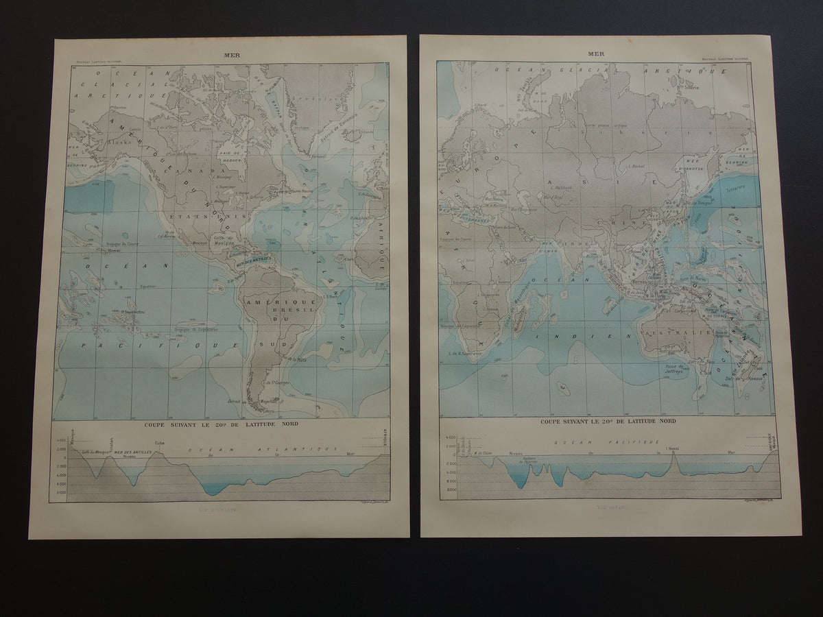 Oude wereldkaart van Oceanen 1902 originele antieke kaart / zeekaart zeediepte