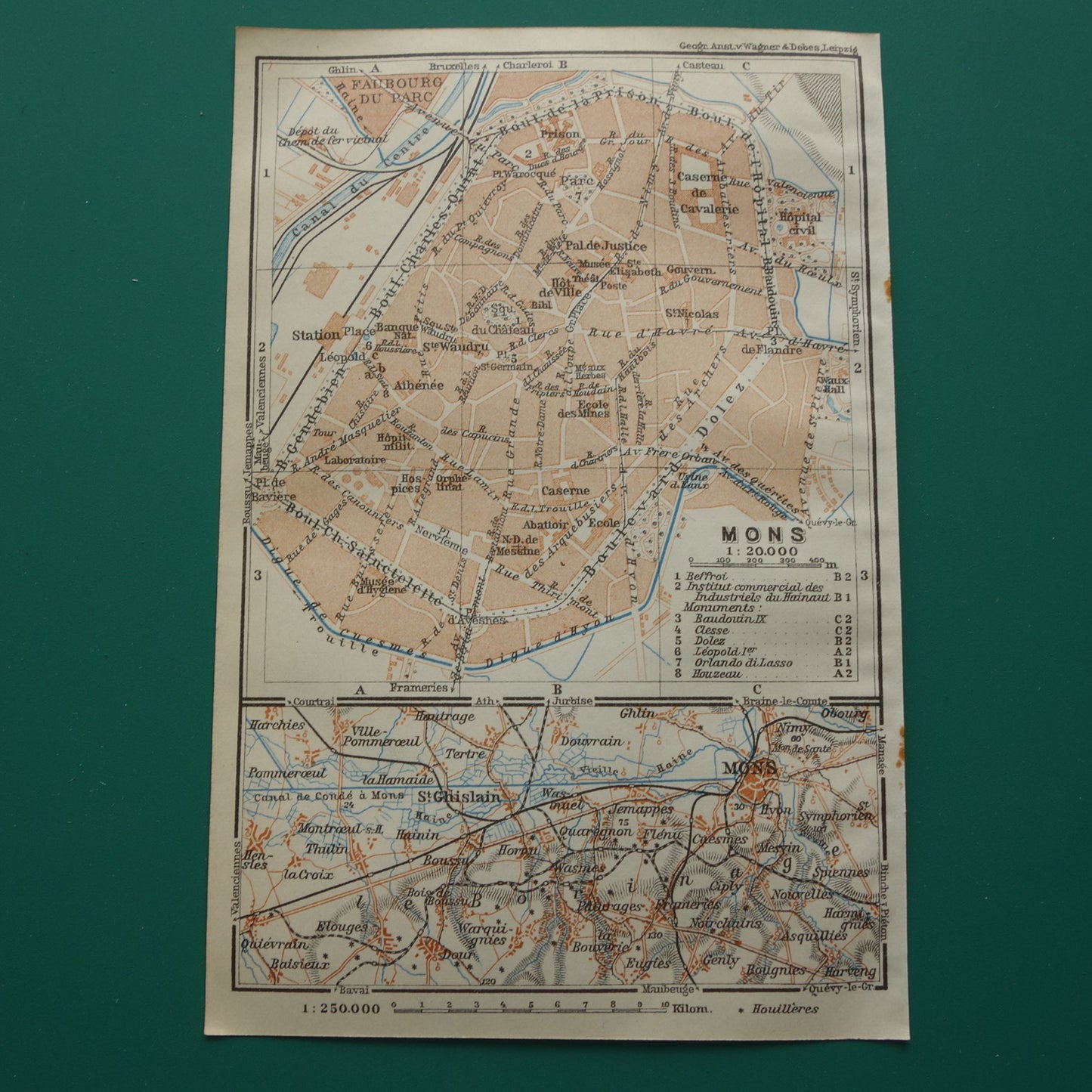 MONS oude kaart van Bergen België uit 1914 kleine originele antieke plattegrond landkaart Mons / Bergen