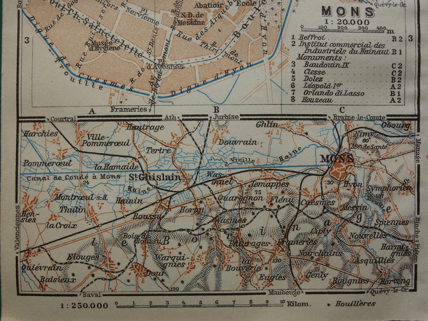 MONS oude kaart van Bergen België uit 1914 kleine originele antieke plattegrond landkaart Mons / Bergen
