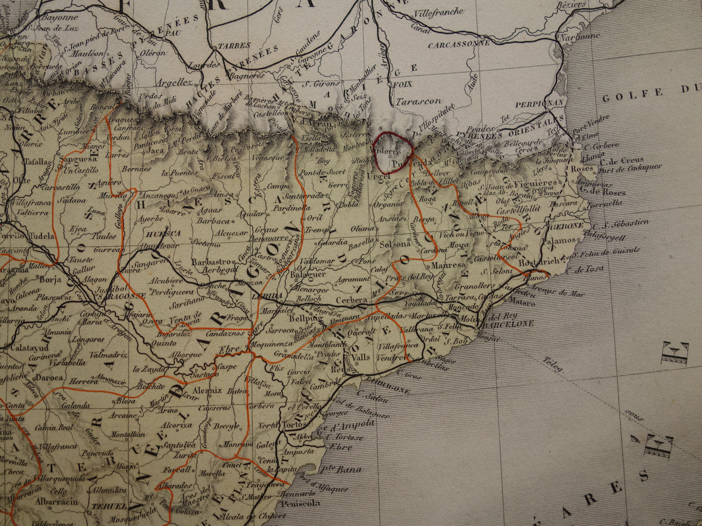 Oude kaart van Spanje en Portugal uit 1874 originele grote antieke landkaart Madrid Barcelona Lissabon vintage poster