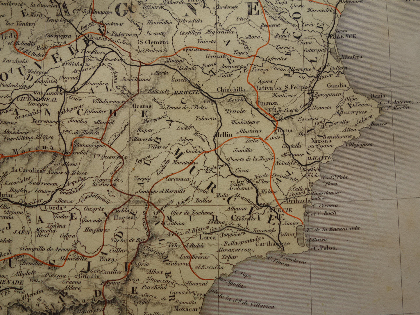 Oude kaart van Spanje en Portugal uit 1874 originele grote antieke landkaart Madrid Barcelona Lissabon vintage poster