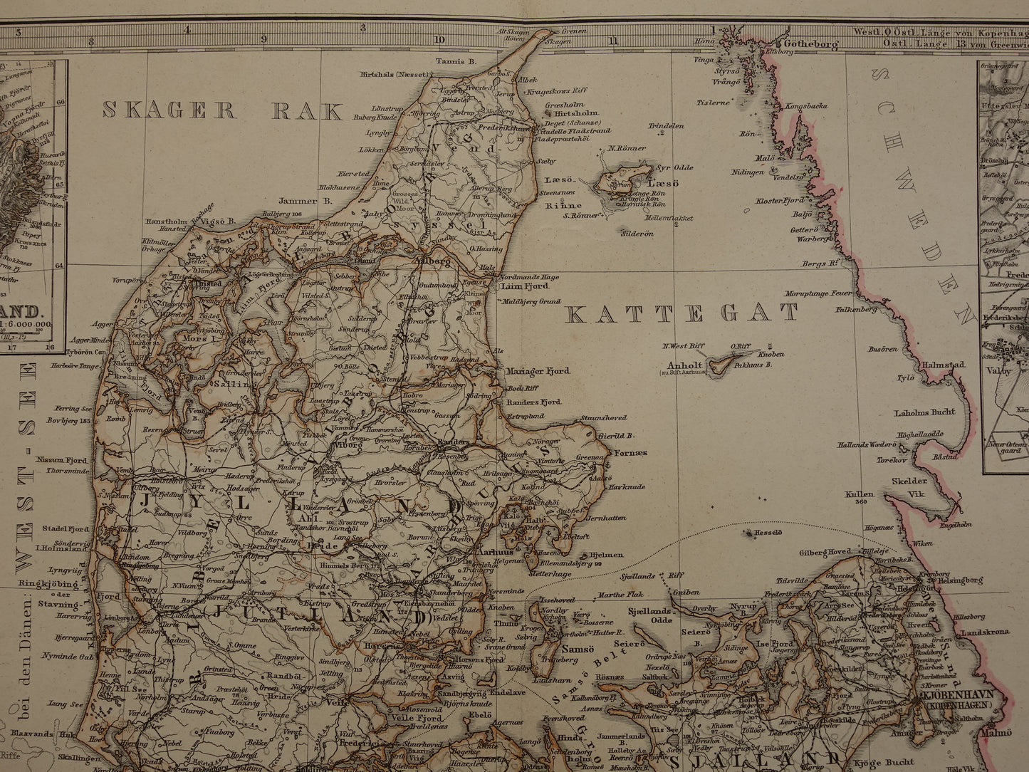 Oude kaart van Denemarken 1886 originele antieke landkaart Kopenhagen Ijsland Groenland vintage kaarten met jaartal