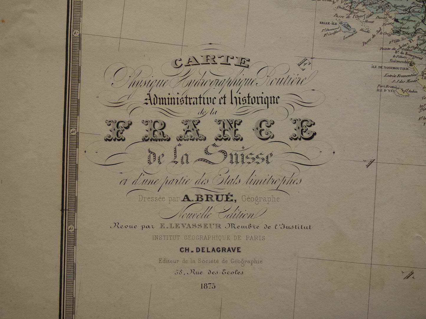 Grote oude Franse kaart van Frankrijk MET SCHADE uit 1876 originele antieke handgekleurde landkaart poster