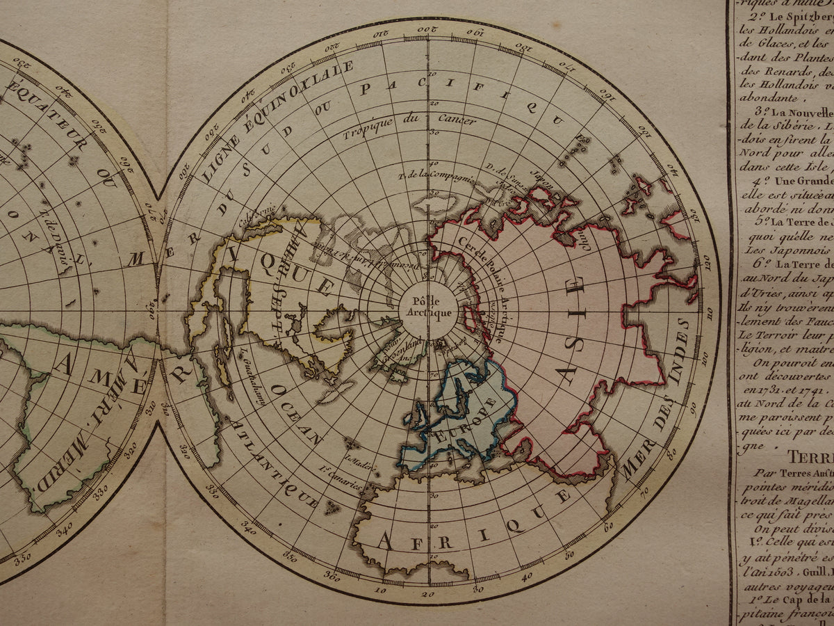 Oude wereldkaart uit 1761 Grote originele historische kaart van de wereld Dubbele hemisfeer met jaartal