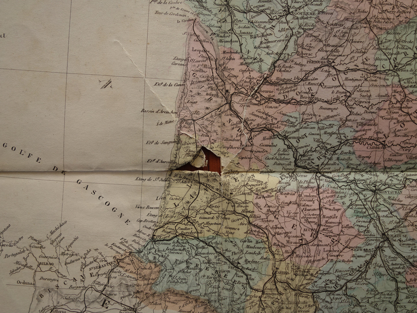 Grote oude Franse kaart van Frankrijk MET SCHADE uit 1876 originele antieke handgekleurde landkaart poster