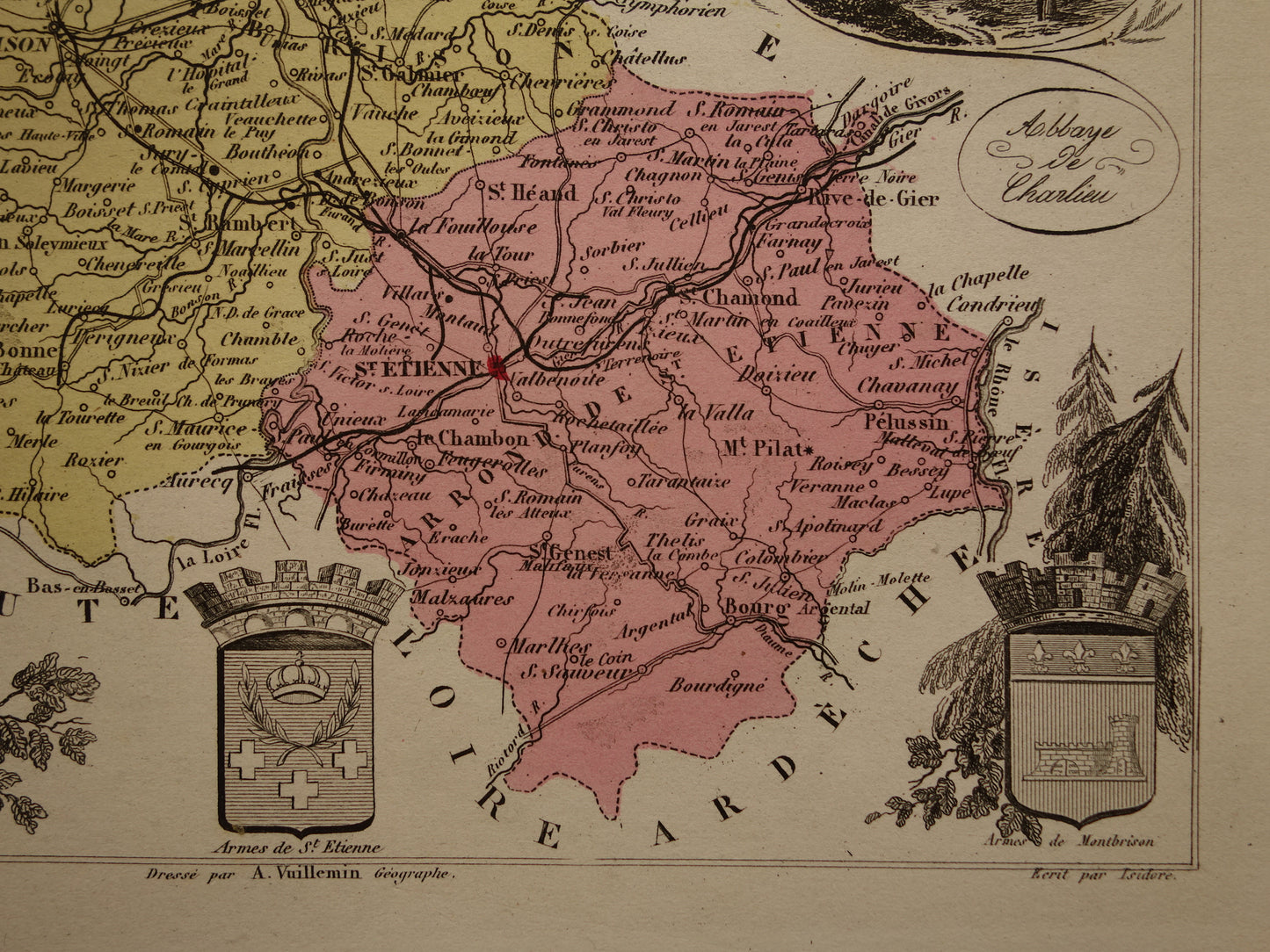 Oude kaart van Loire departement in Frankrijk uit 1876 originele antieke handgekleurde landkaart St Etienne Montbrison