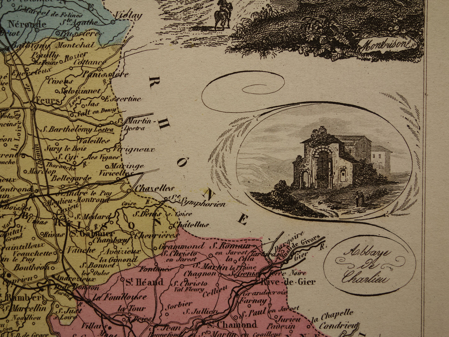 Oude kaart van Loire departement in Frankrijk uit 1876 originele antieke handgekleurde landkaart St Etienne Montbrison