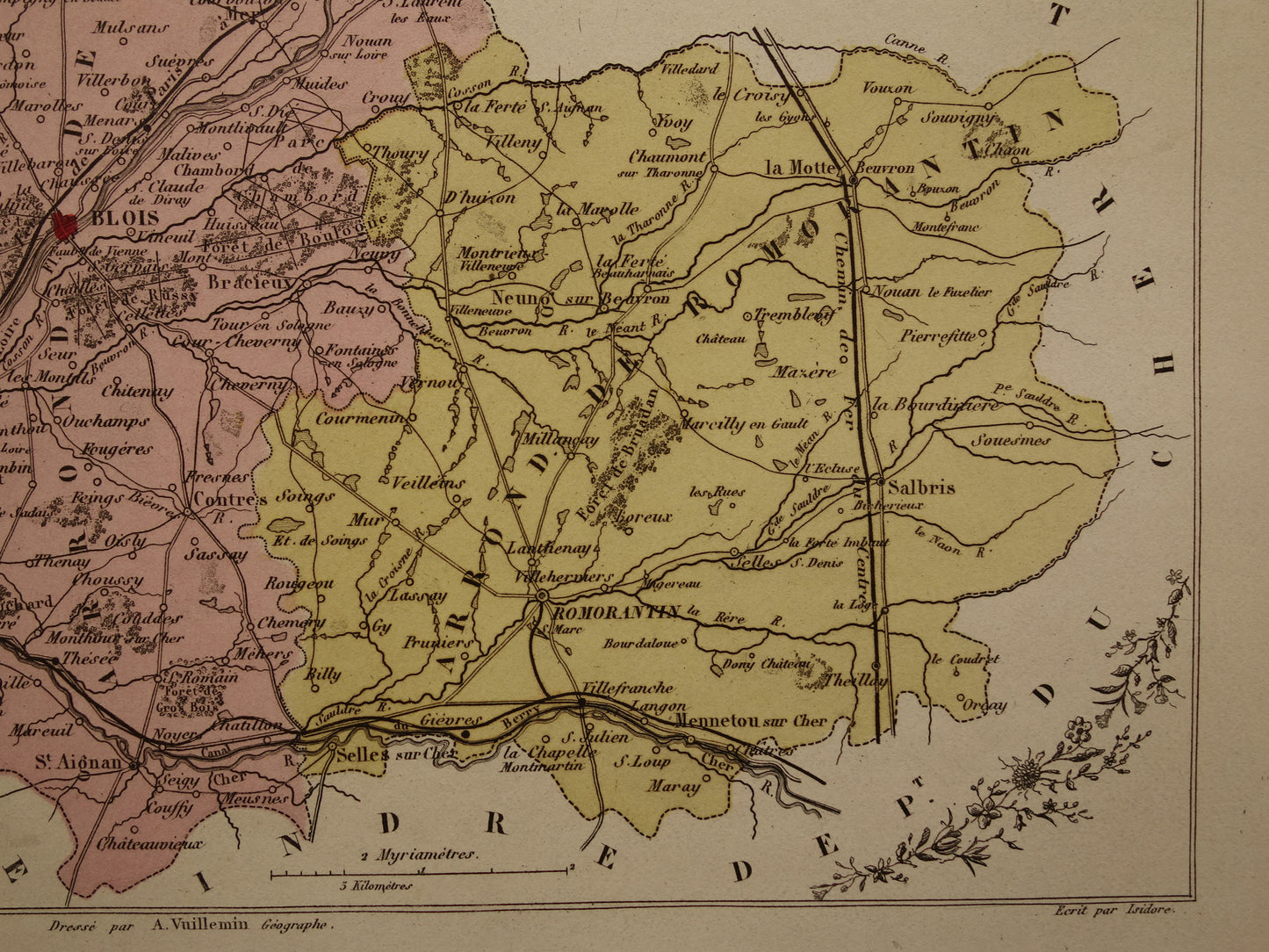 Oude kaart van Loir et Cher departement in Frankrijk uit 1876 originele antieke handgekleurde landkaart Blois Vendôme Vineuil Salbris