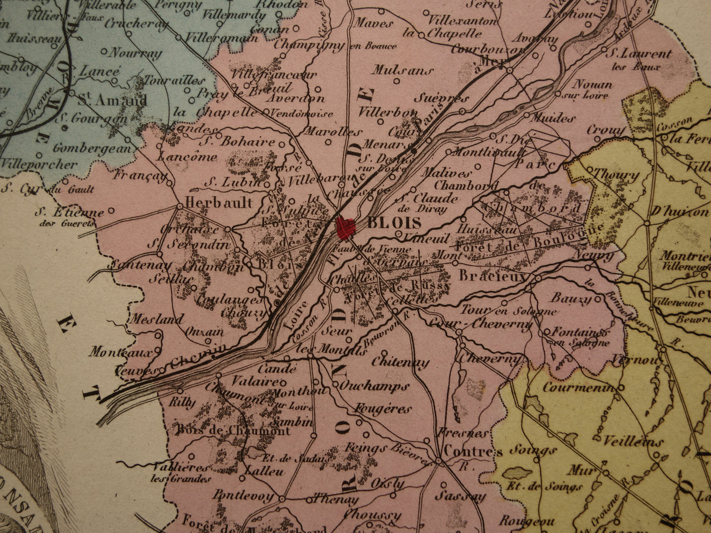 Oude kaart van Loir et Cher departement in Frankrijk uit 1876 originele antieke handgekleurde landkaart Blois Vendôme Vineuil Salbris