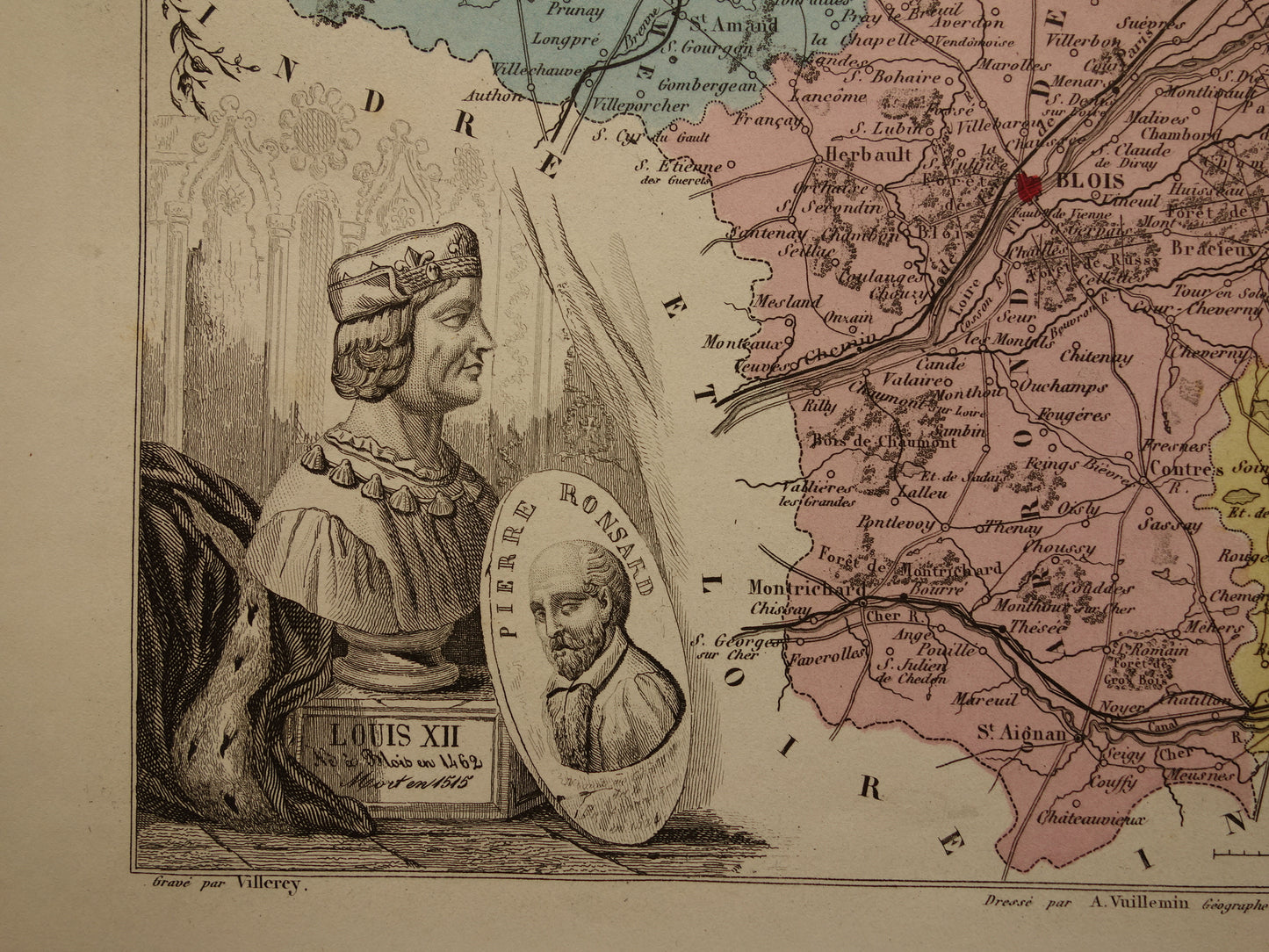 Oude kaart van Loir et Cher departement in Frankrijk uit 1876 originele antieke handgekleurde landkaart Blois Vendôme Vineuil Salbris
