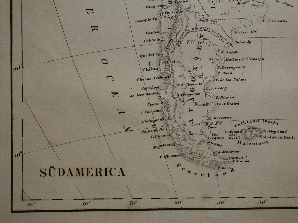 ZUID AMERIKA antieke kaart 170+ jaar oude landkaart van continent uit 1849 - originele vintage historische kaarten Brazilië Patagonië Suriname