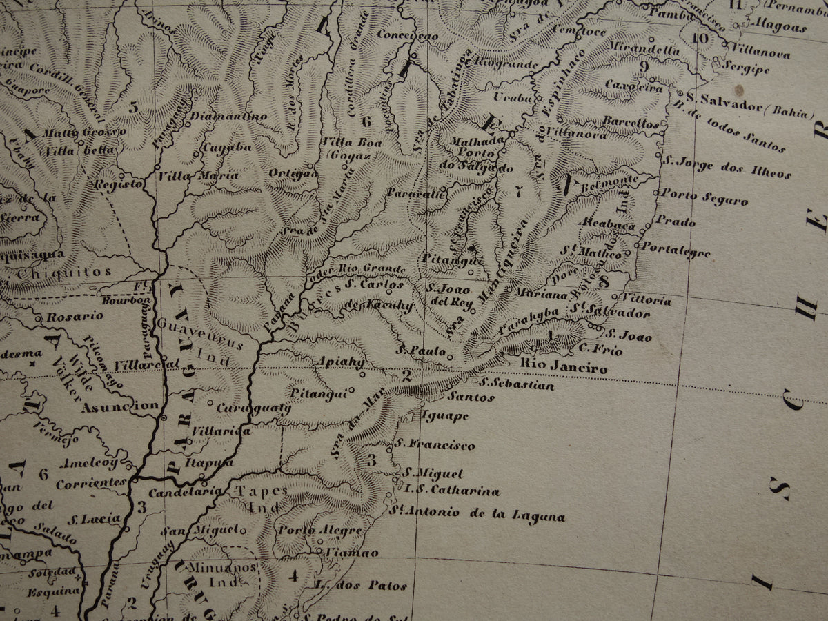 ZUID AMERIKA antieke kaart 170+ jaar oude landkaart van continent uit 1849 - originele vintage historische kaarten Brazilië Patagonië Suriname