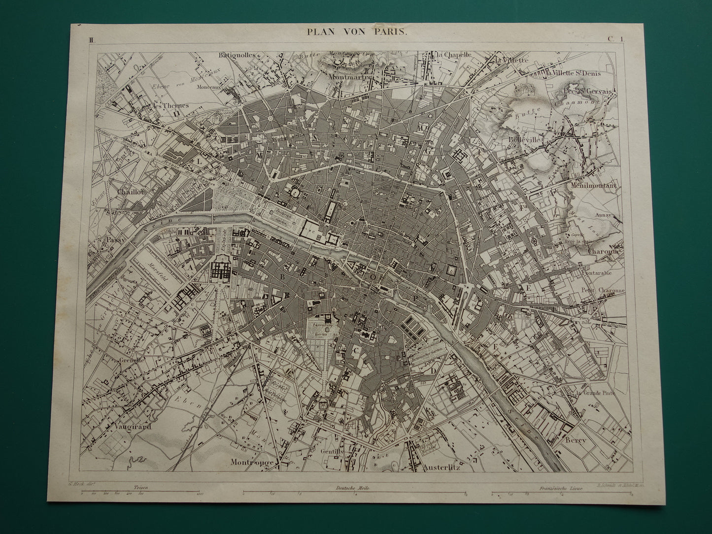 Oude plattegrond van Parijs 170+ jaar oude antieke kaart van Parijs uit 1849 originele vintage kaarten