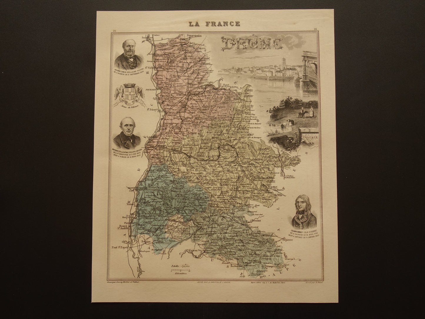 Oude kaart van DROME departement in Frankrijk uit 1886 originele antieke handgekleurde landkaart Valence Drôme