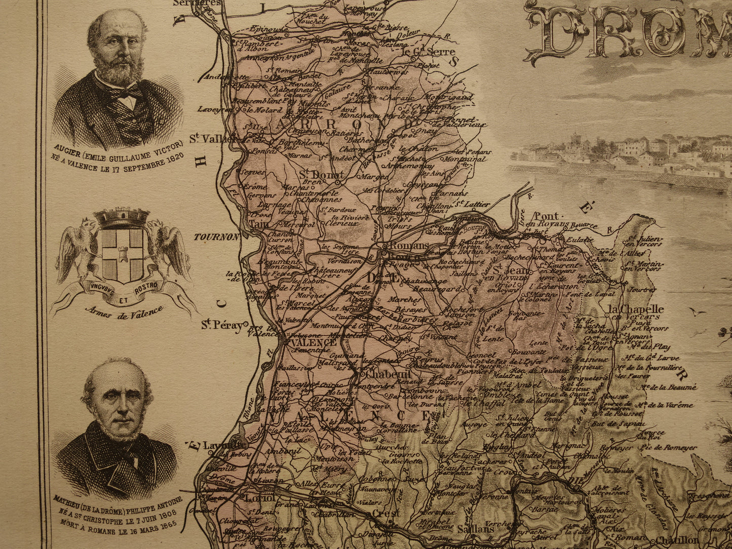 Oude kaart van DROME departement in Frankrijk uit 1886 originele antieke handgekleurde landkaart Valence Drôme