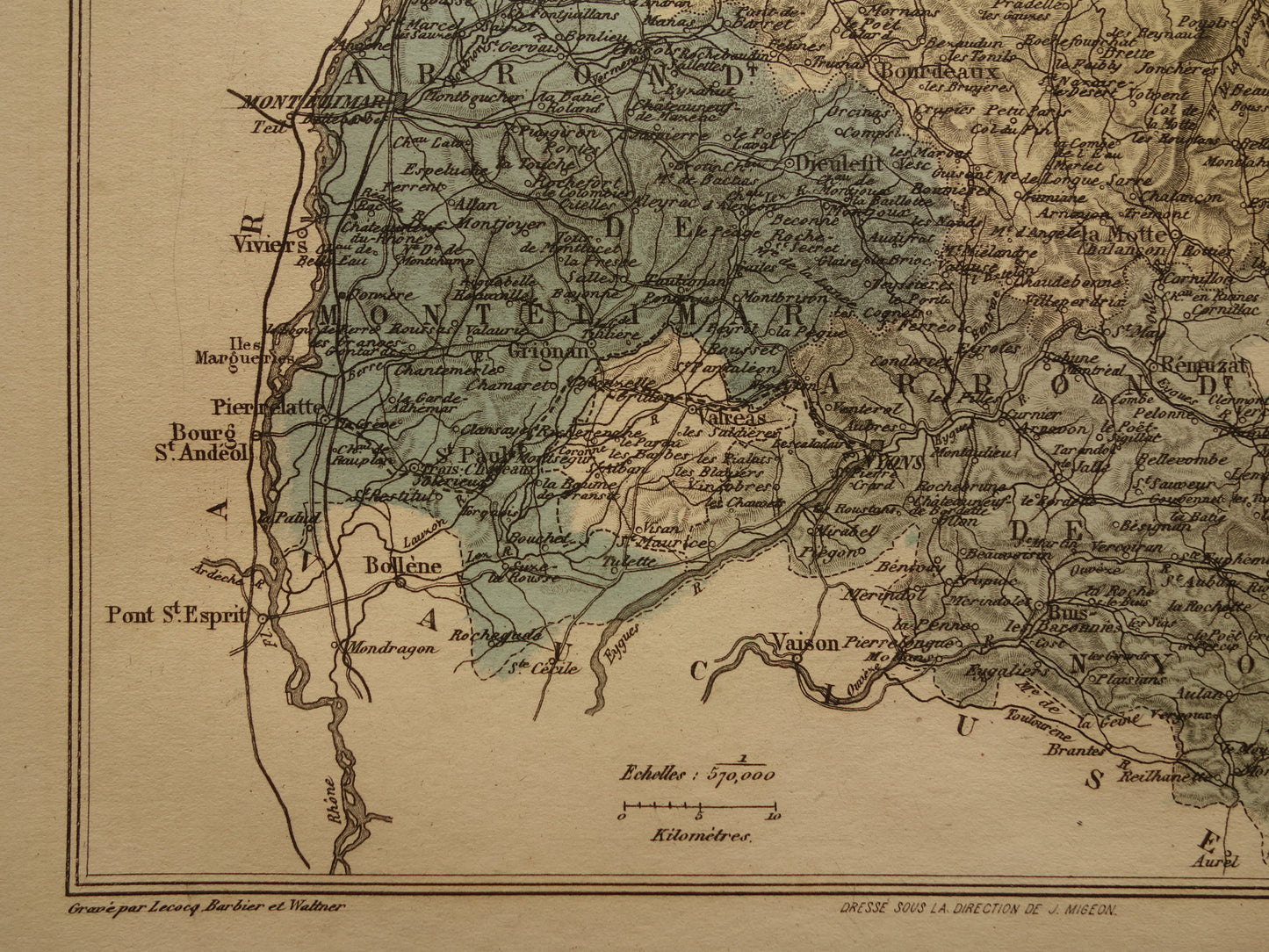 Oude kaart van DROME departement in Frankrijk uit 1886 originele antieke handgekleurde landkaart Valence Drôme