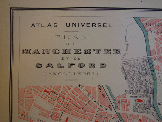 Manchester oude kaart van Manchester Salford uit 1877 originele antieke plattegrond vintage kaarten