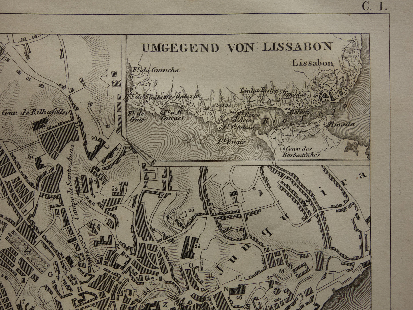 Lissabon en Napels antieke plattegrond 170+ jaar oude kaart van Lisboa Napoli uit 1849 - originele vintage kaarten