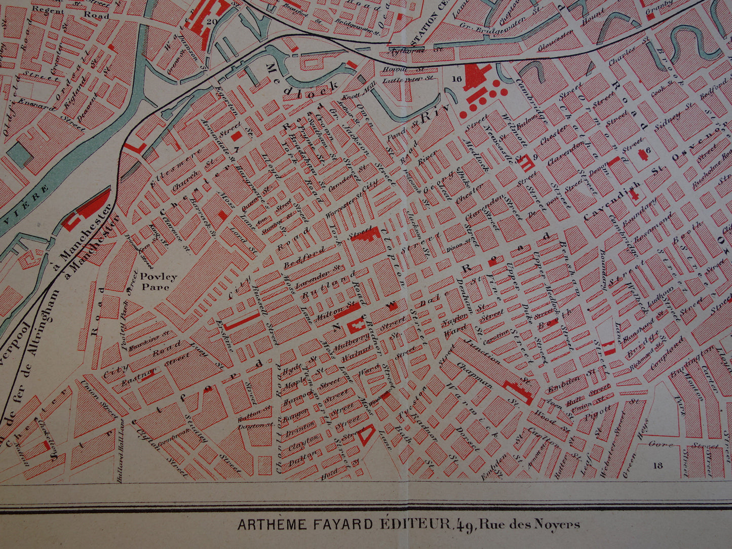 Manchester oude kaart van Manchester Salford uit 1877 originele antieke plattegrond vintage kaarten