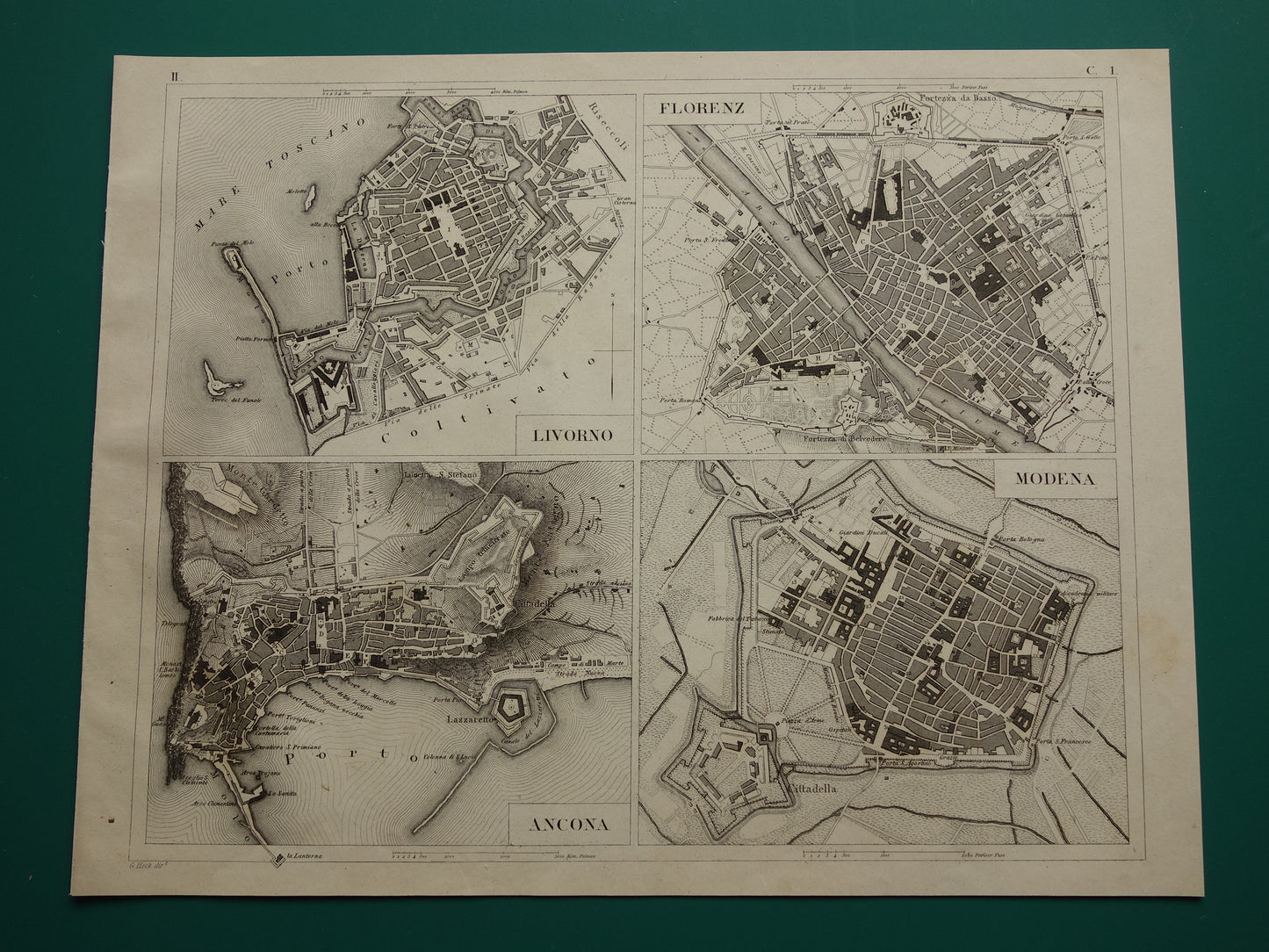 Florence Livorno Modena Ancona antieke plattegrond 170+ jaar oude kaart van Italiaanse steden plattegronden Italië uit 1849 - originele vintage historische kaarten
