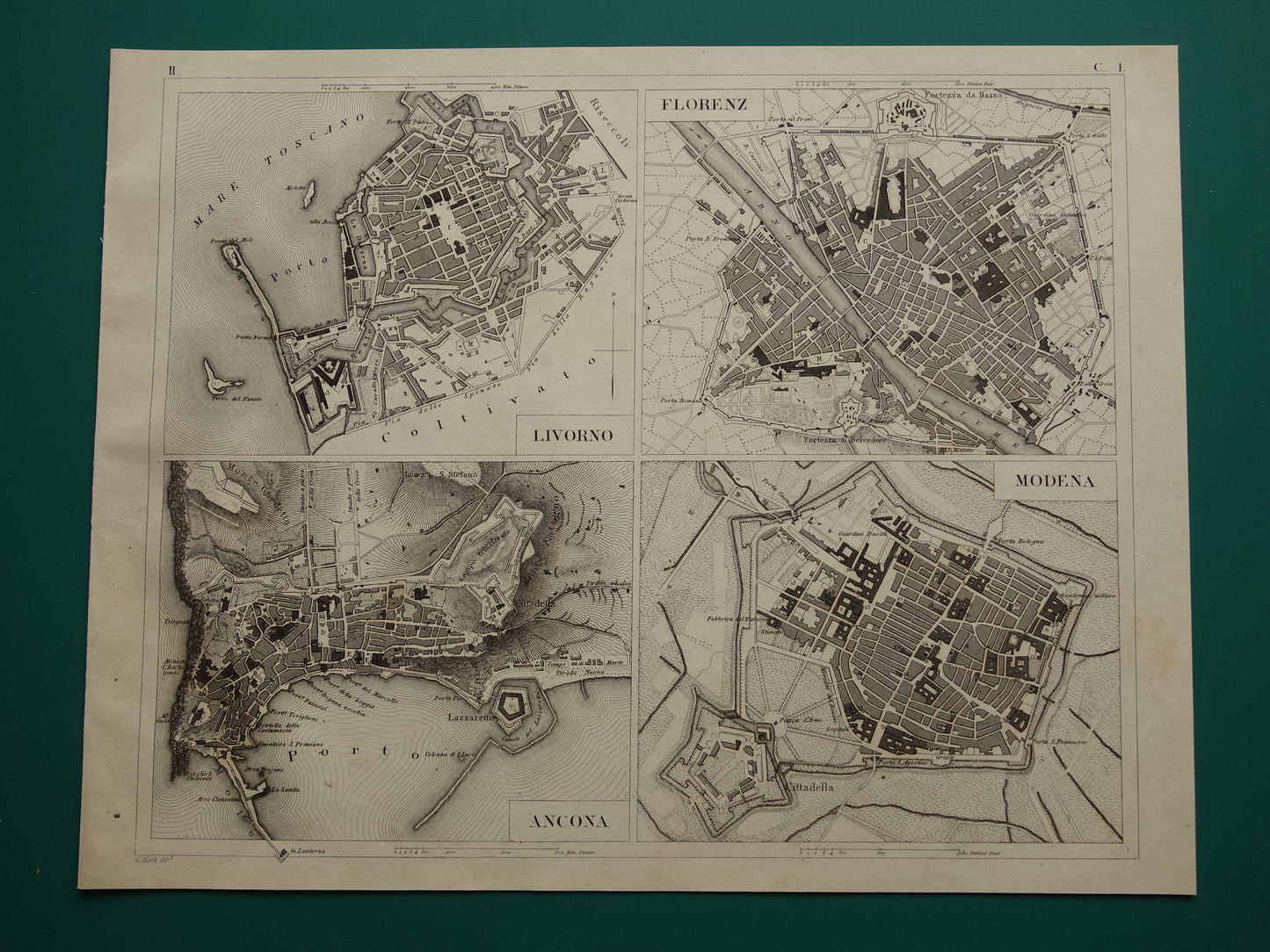 Florence Livorno Modena Ancona antieke plattegrond 170+ jaar oude kaart van Italiaanse steden plattegronden Italië uit 1849 - originele vintage historische kaarten
