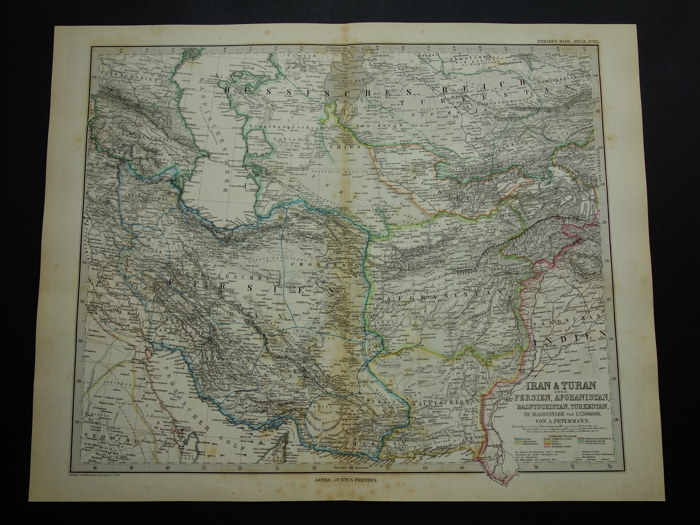 Oude kaart van IRAN uit 1884 Antieke handgekleurde landkaart Perzië Turkmenistan Kaukasus