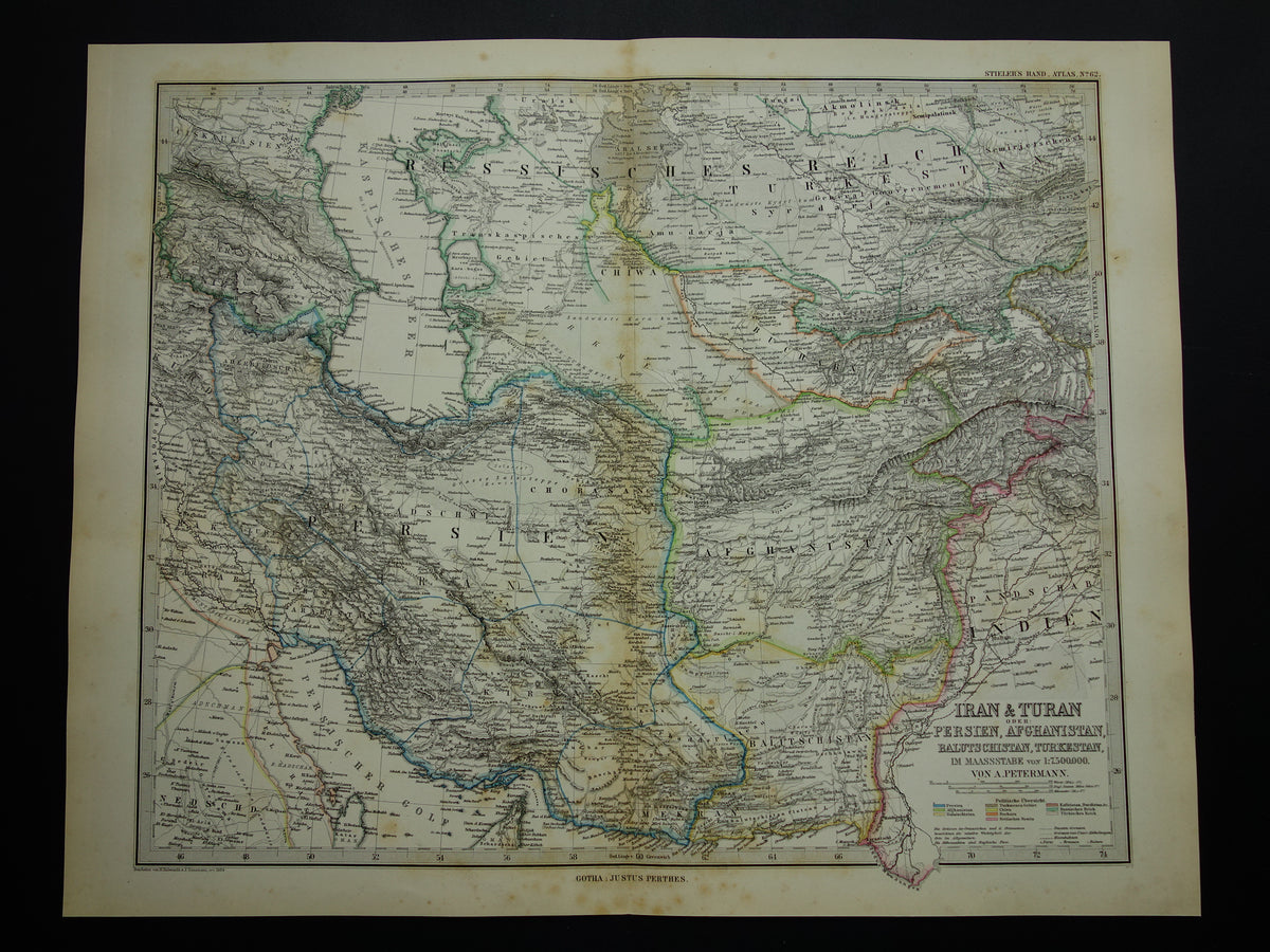 Alte Karte des Iran von 1884, antike handkolorierte Karte von Persien, Turkmenistan und dem Kaukasus