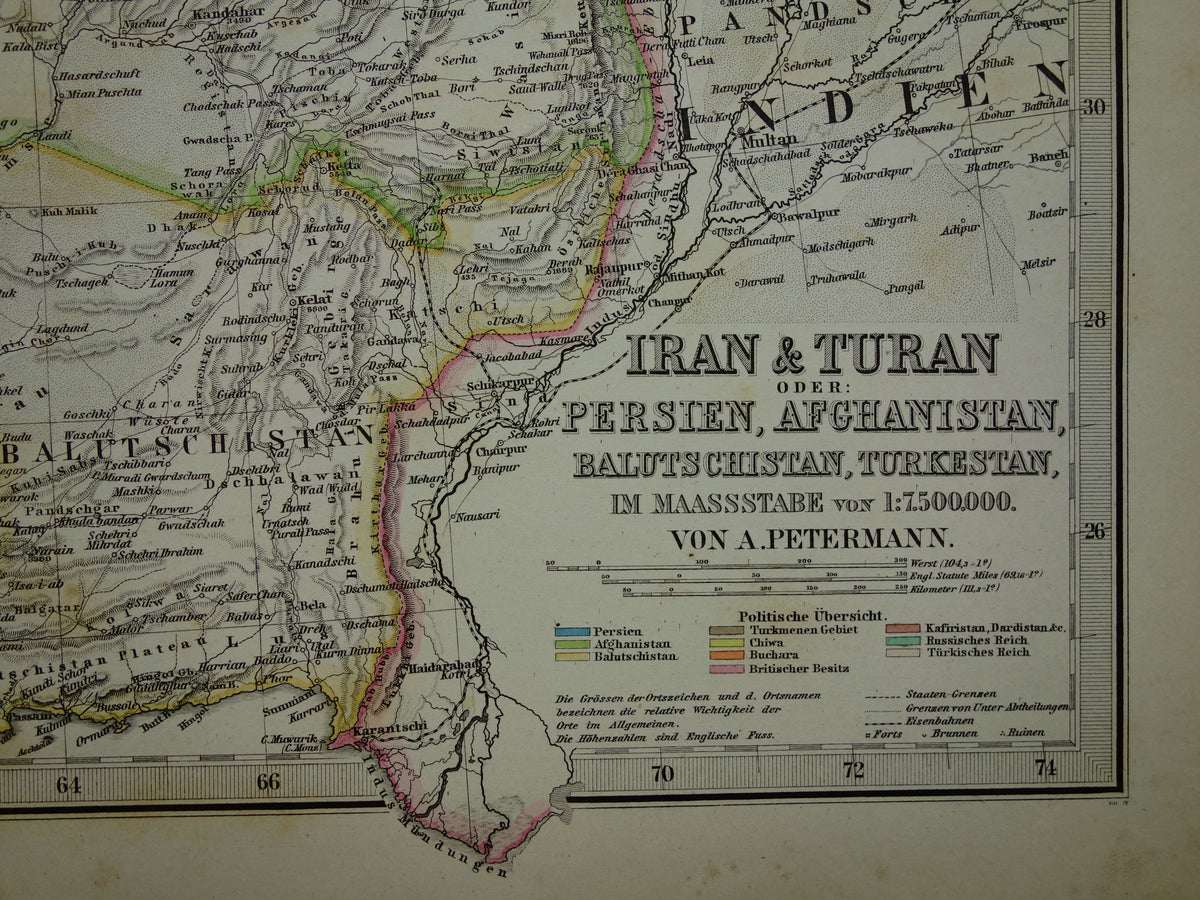 Alte Karte des Iran von 1884, antike handkolorierte Karte von Persien, Turkmenistan und dem Kaukasus