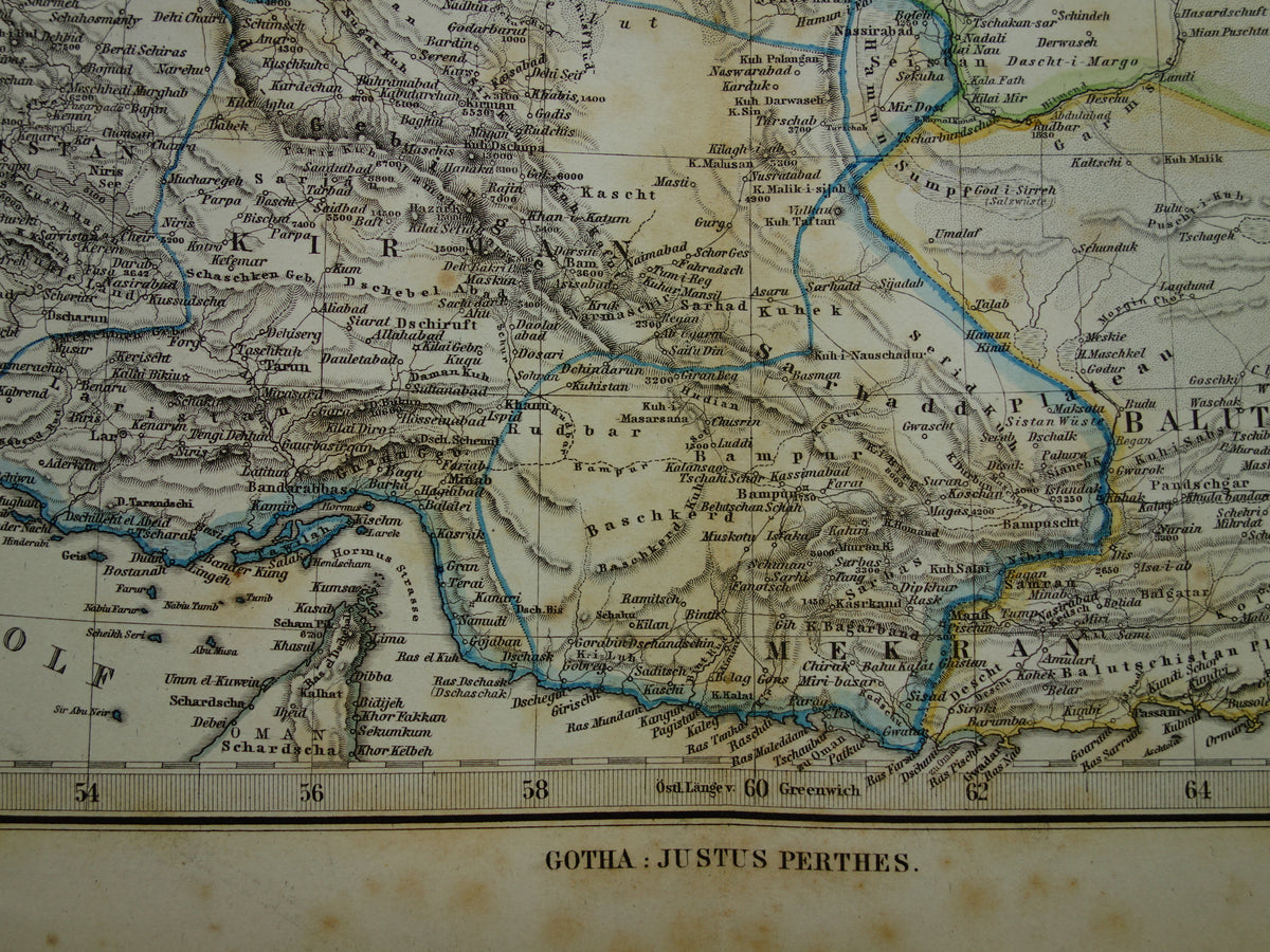 Alte Karte des Iran von 1884, antike handkolorierte Karte von Persien, Turkmenistan und dem Kaukasus