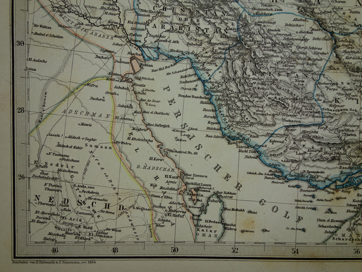 Alte Karte des Iran von 1884, antike handkolorierte Karte von Persien, Turkmenistan und dem Kaukasus