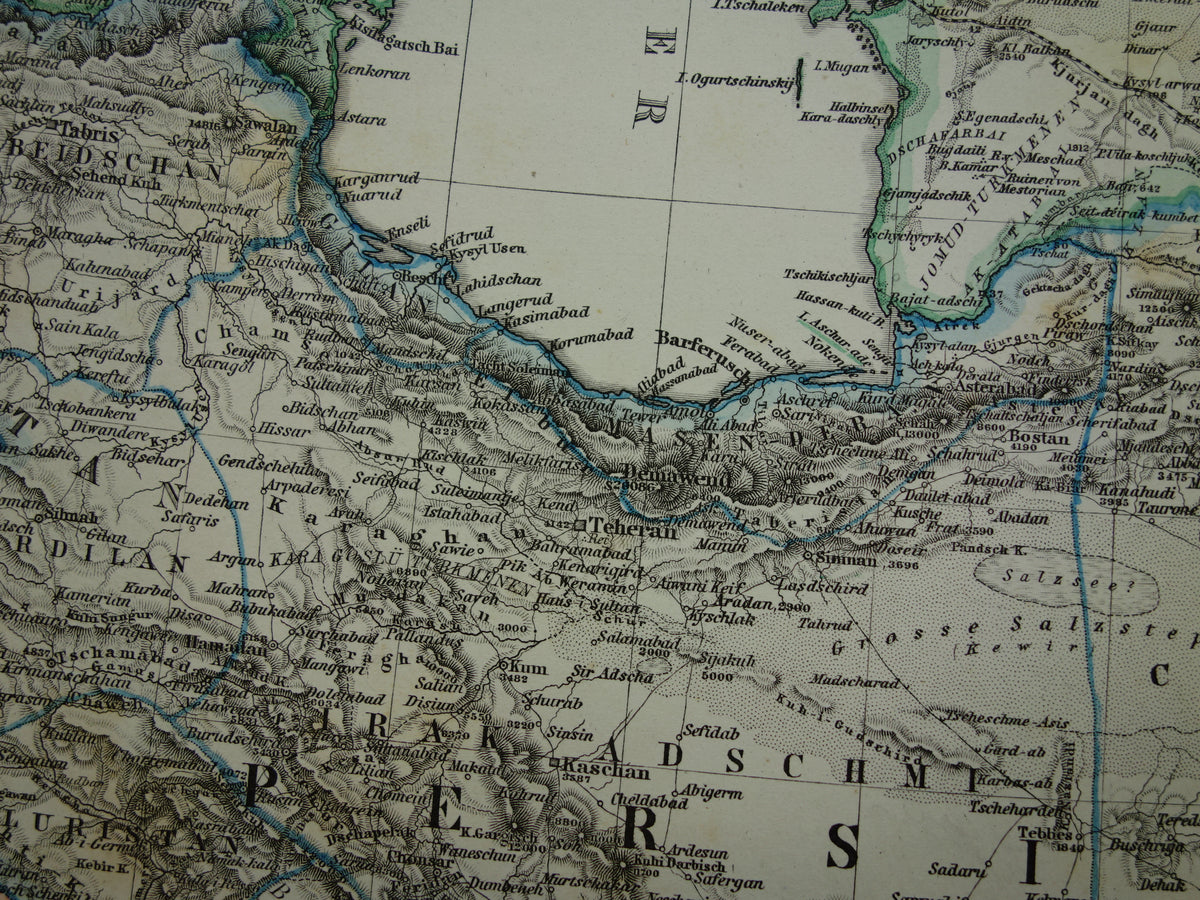 Alte Karte des Iran von 1884, antike handkolorierte Karte von Persien, Turkmenistan und dem Kaukasus