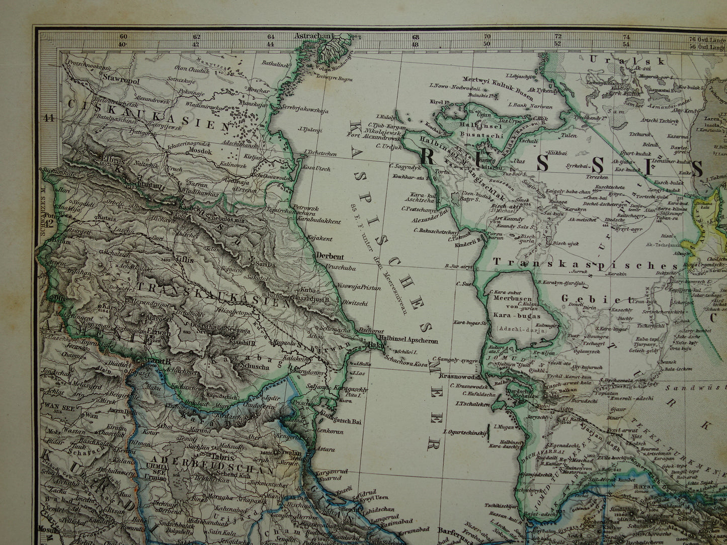 Alte Karte des Iran von 1884, antike handkolorierte Karte von Persien, Turkmenistan und dem Kaukasus